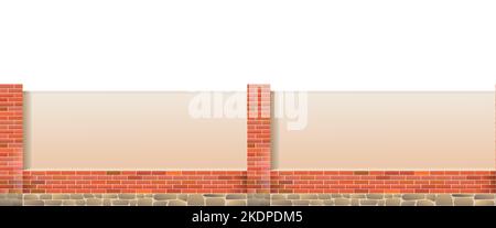 Ordinary fence. Plastered fence with brick pillars. Horizontal seamless design. Isolated on white background Vector. Stock Vector