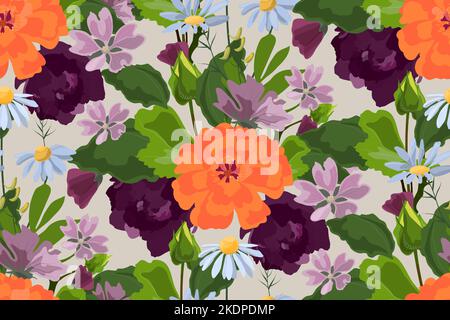 Vector floral seamless pattern. Meadow, garden flowers and herbs on an ivory background. Stock Vector