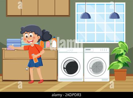 Girl doing laundry in the room illustration Stock Vector