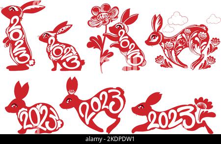 Set of rabbits in Chinese style illustration Stock Vector