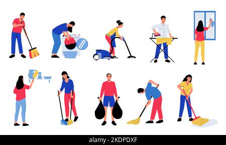 People cleaning up. Cartoon abstract characters doing housework ironing washing window, vacuuming, making bed. Vector housekeeping set Stock Vector