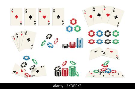 Playing cards and chips set. Casino gambling game coins, aces hearts and spades, clubs and diamonds poker lucky roulette bet cartoon style. Vector set Stock Vector