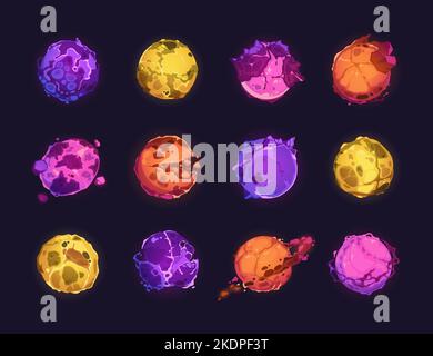 Cartoon fantasy planets. Colorful alien round space objects with different texture atmosphere and color, covered with rocks, acid, water. Vector game Stock Vector