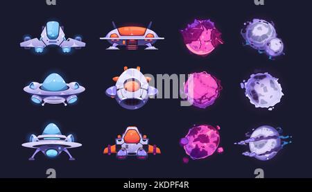 Fantasy planets and ships. Cartoon neon spaceship and cosmic icons for 2D game design, comic fantasy space ufo shuttles satellite rocket. Vector Stock Vector