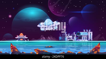 Alien colony landscape. Planet Mars colonization futuristic cartoon style, space station on galaxy surface universe exploration concept. Vector Stock Vector
