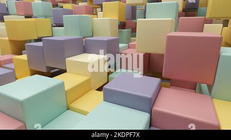 Close up 3D rendering 8K wallpaper background of retro-colored shuffled cubes Stock Photo