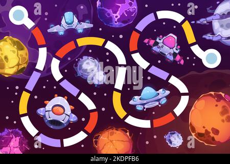 Space board game. Child fantasy universe riddle labyrinth puzzle, tabletop boardgame with spaceship meteor crater kid entertainment. Vector Stock Vector