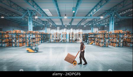 man with handtruck move in warehouse Stock Photo