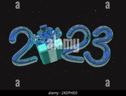 2023 3d Realistic gold foil balloons with gift. Postcard Merry Christmas and Happy New Year 2023. 3D rendering Stock Photo