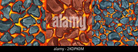 Lava, magma with stones in cartoon style seamless pattern background. Eruption effect, landscape. Texture, design. Vector illustration Stock Vector
