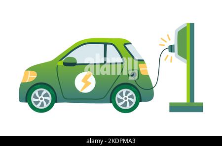 Modern electric smart suv car charging parking at the charger station with a plug in cable. Isolated flat vector concept Stock Vector