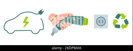 Hand holding power connector for refuel, electric car with plug symbol, EV car, green hybrid vehicle charging point logo Stock Vector