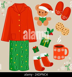 Christmas morning collection with pajamas, hot cocoa and gifts. Vector illustration Stock Vector