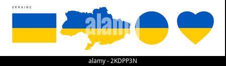 Ukraine flag icon set. Ukrainian pennant in official colors and proportions. Rectangular, map-shaped, circle and heart-shaped. Flat vector illustratio Stock Vector