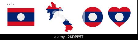 Laos flag icon set. Laotian pennant in official colors and proportions. Rectangular, map-shaped, circle and heart-shaped. Flat vector illustration iso Stock Vector