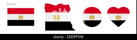 Egypt flag icon set. Egyptian pennant in official colors and proportions. Rectangular, map-shaped, circle and heart-shaped. Flat vector illustration i Stock Vector