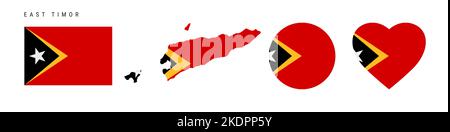 East Timor flag icon set. Timor-Leste pennant in official colors and proportions. Rectangular, map-shaped, circle and heart-shaped. Flat vector illust Stock Vector