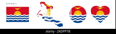 Kiribati flag icon set. Republic of Kiribati pennant in official colors and proportions. Rectangular, map-shaped, circle and heart-shaped. Flat vector Stock Vector