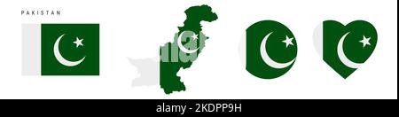 Pakistan flag icon set. Pakistani pennant in official colors and proportions. Rectangular, map-shaped, circle and heart-shaped. Flat vector illustrati Stock Vector