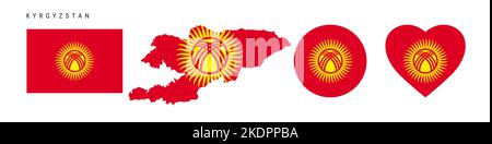 Kyrgyzstan flag icon set. Kyrgyz pennant in official colors and proportions. Rectangular, map-shaped, circle and heart-shaped. Flat vector illustratio Stock Vector