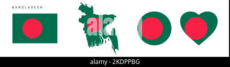 Bangladesh flag icon set. Bangladeshi pennant in official colors and proportions. Rectangular, map-shaped, circle and heart-shaped. Flat vector illust Stock Vector