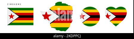Zimbabwe flag icon set. Zimbabwean pennant in official colors and proportions. Rectangular, map-shaped, circle and heart-shaped. Flat vector illustrat Stock Vector