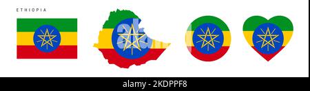 Ethiopia flag icon set. Ethiopian pennant in official colors and proportions. Rectangular, map-shaped, circle and heart-shaped. Flat vector illustrati Stock Vector
