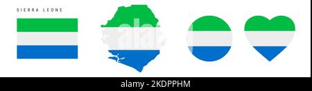 Sierra Leone flag icon set. Salone pennant in official colors and proportions. Rectangular, map-shaped, circle and heart-shaped. Flat vector illustrat Stock Vector