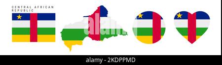 Central African Republic flag icon set. CAR pennant in official colors and proportions. Rectangular, map-shaped, circle and heart-shaped. Flat vector Stock Vector