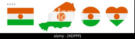 Niger flag icon set. Nigerian pennant in official colors and proportions. Rectangular, map-shaped, circle and heart-shaped. Flat vector illustration i Stock Vector