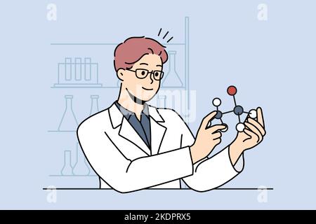 Smiling male scientist working with atom model in laboratory. Happy man researcher in uniform busy in lab. Science and biotechnology. Vector illustration.  Stock Vector