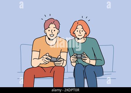 Smiling couple sit on sofa at home playing video game together. Happy man and woman have fun enjoy videogame with controllers. Vector illustration.  Stock Vector