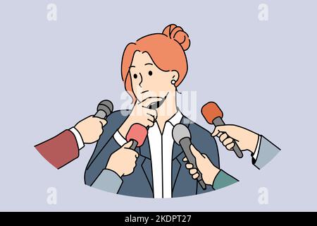 Pensive female politician thinking talking with reporters or journalists. Woman speaker have interview speak in microphones at conference. Vector illustration.  Stock Vector