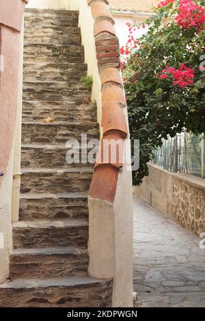 Steps leading to house with bordered by plant with flowers in bloom arching over walkway in Mediterranean seaside village of Collioure, France Stock Photo