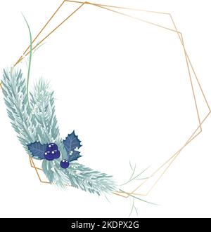 Christmas frame with blue berries and holly leaves. Christmas blue fir branches and golden frame. Vector illustration. Stock Vector