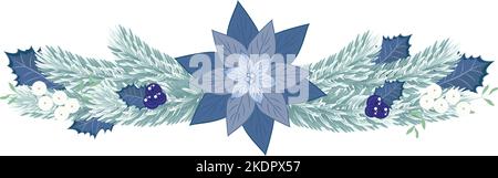 Christmas fir border with blue poinsettia, blue berries and mistletoe. Christmas garland in blue for home decoration. Vector illustration. Stock Vector