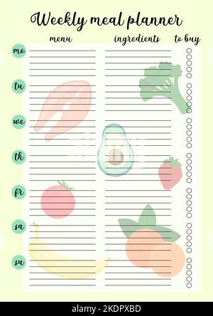 Weekly menu A4 printable planner template. Meal schedule blank. Undated  weekly vector calendar Stock Vector Image & Art - Alamy