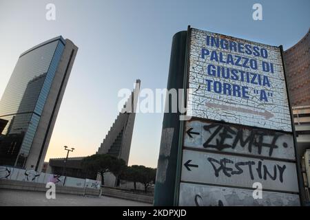Way in sign for the Naples Palace of Justice, and the Church of Saint Charles Borromeo (1990), Centro Direzionale, Naples, Italy. Stock Photo