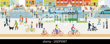 City silhouette with pedestrians in residential area and road traffic,, illustration Stock Vector