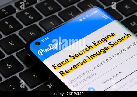 PimEyes face search engine page is seen on the smartphone. Stafford, United Kingdom, November 8, 2022 Stock Photo