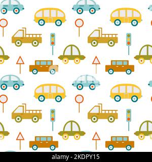 Seamless childish pattern with cars. Texture fabric, wrapping, textile, apparel Stock Vector