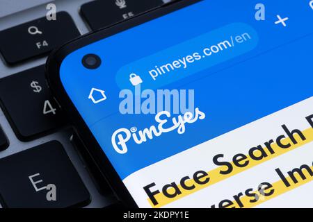 PimEyes face search engine page is seen on the smartphone. Stafford, United Kingdom, November 8, 2022 Stock Photo