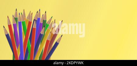 pile of colored pencils on yellow background, vector illustration Stock Vector