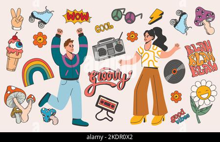 Vector set of retro hippie characters and stickers. Vintage color elements of psychedelic mushrooms with eyes, daisy flower, rainbow, roller skates, sunglasses and record player with music cassette. Stock Vector