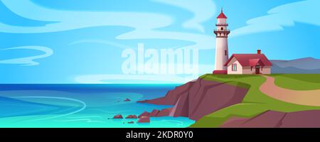 Cartoon ocean shore with lighthouse. Light house on sea coast. Coastline landscape with beacon and signal building on cliff. Summer seashore with rocky beach and marine navigation tower on seaside. Stock Vector