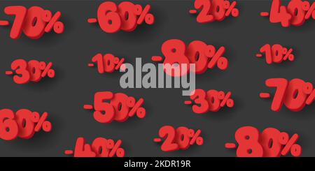 Business background with 3d red rounded discount percent numbers on black backdrop, sale Stock Vector