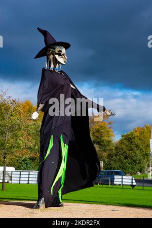 Maurice Harron's Millennium Sculpture ' Let the Dance Begin ' dressed in Halloween costumes in Strabane County Tyrone Northern Ireland Stock Photo