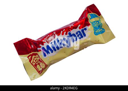 Nestle Milky Bar MilkyBar Festive Friends isolated on white background - white chocolate with a creamy filling and crispy pieces Stock Photo