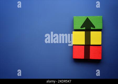 Wooden blocks with arrows. Growth, development progress concept. Achieve success. Career promotion. Step by step. improving skills. Goal achievement. Stock Photo