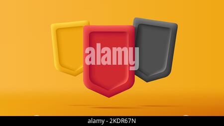3d render shields composition, empty volume three shapes on yellow backdrop Stock Vector